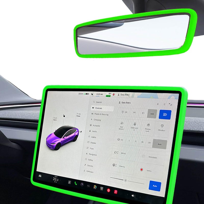 Yeapop 2Pcs Silicone Protector Frames of Screen and Rear View Mirror for Tesla Model 3 2024 Highland and Model Y 2025 Juniper. (Green) - Image 1